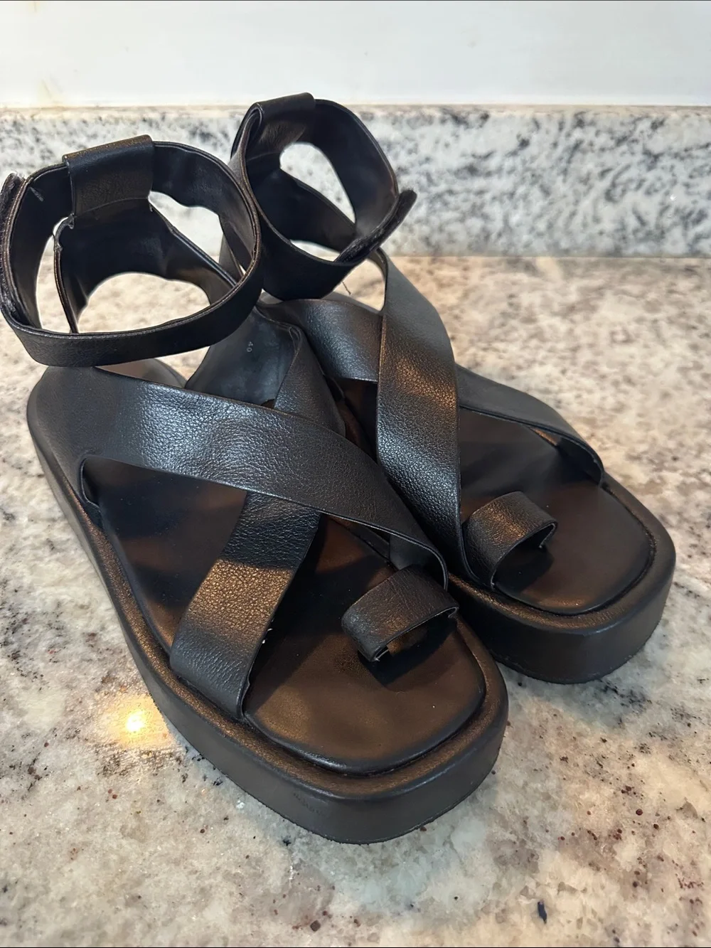 Anthropologie Black Platform Crisscross Ankle Strap Sandals - Women